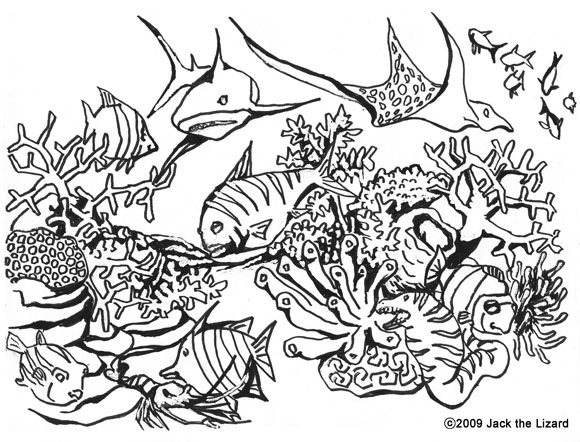Colouring Page of Coral, Fish, Shark and Ray